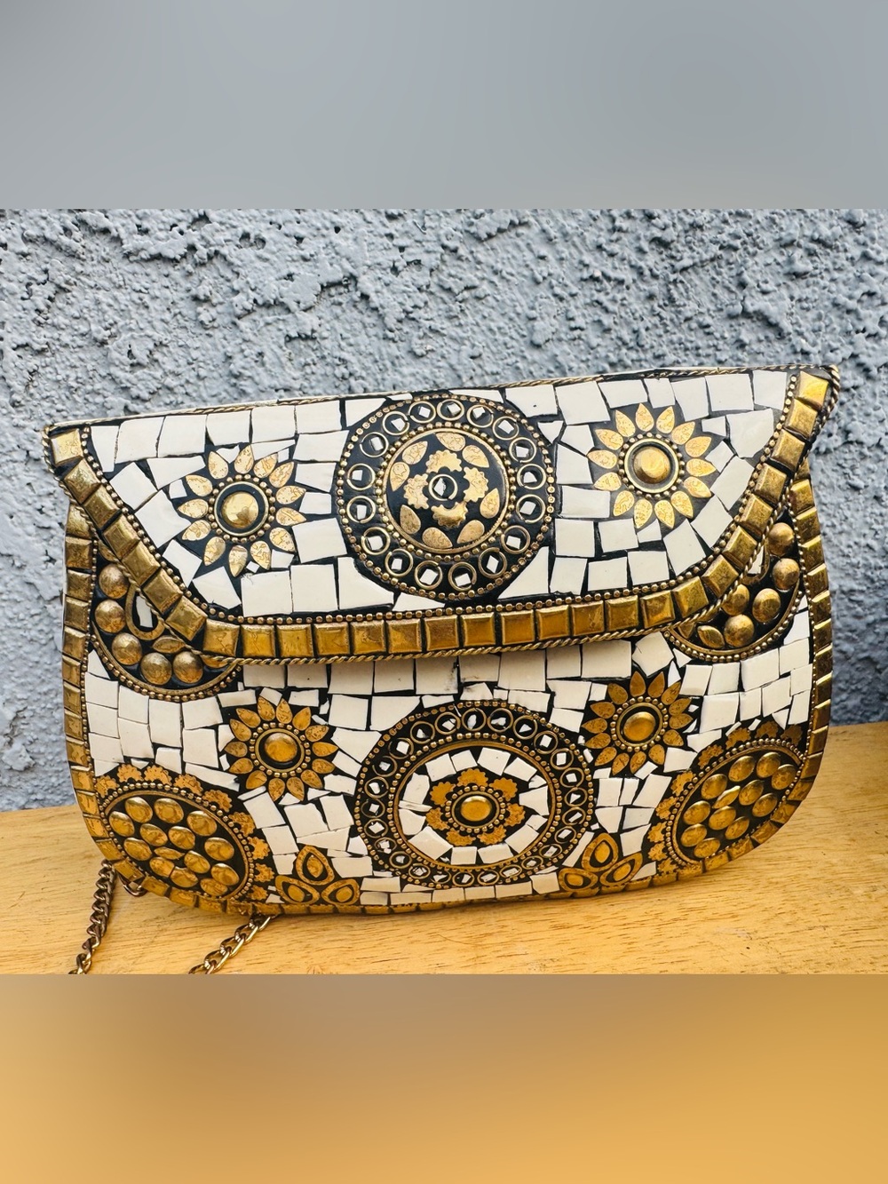 Antik Kraft Handmade White and Gold Mosaic Metal Clutch Bag |Artisanal Crossbody - Picture 8 of 9